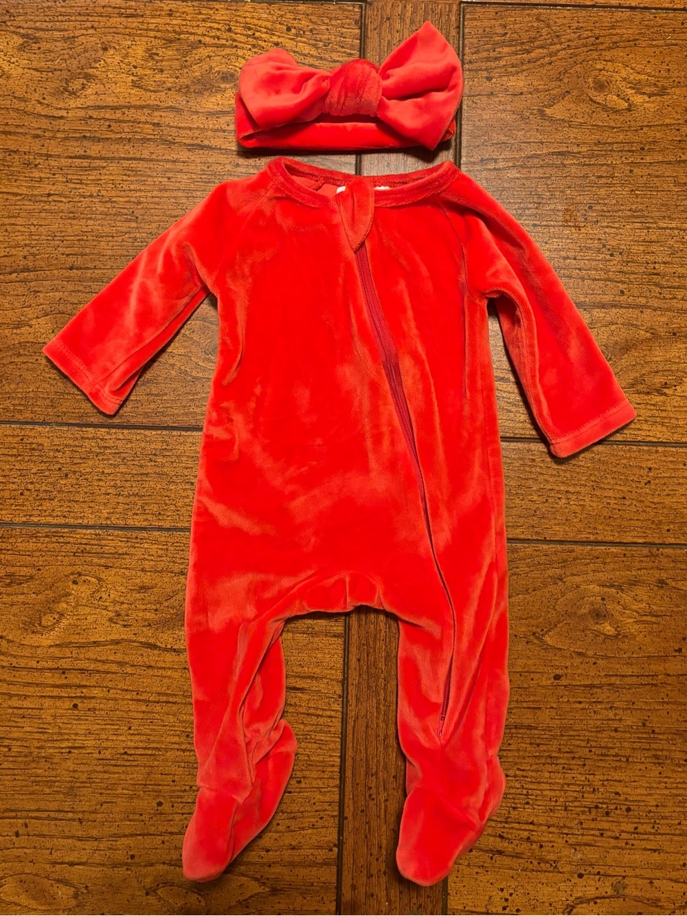 Red Velvet Baby Girl Footed Pajama with Matching Headband, 3-6 month